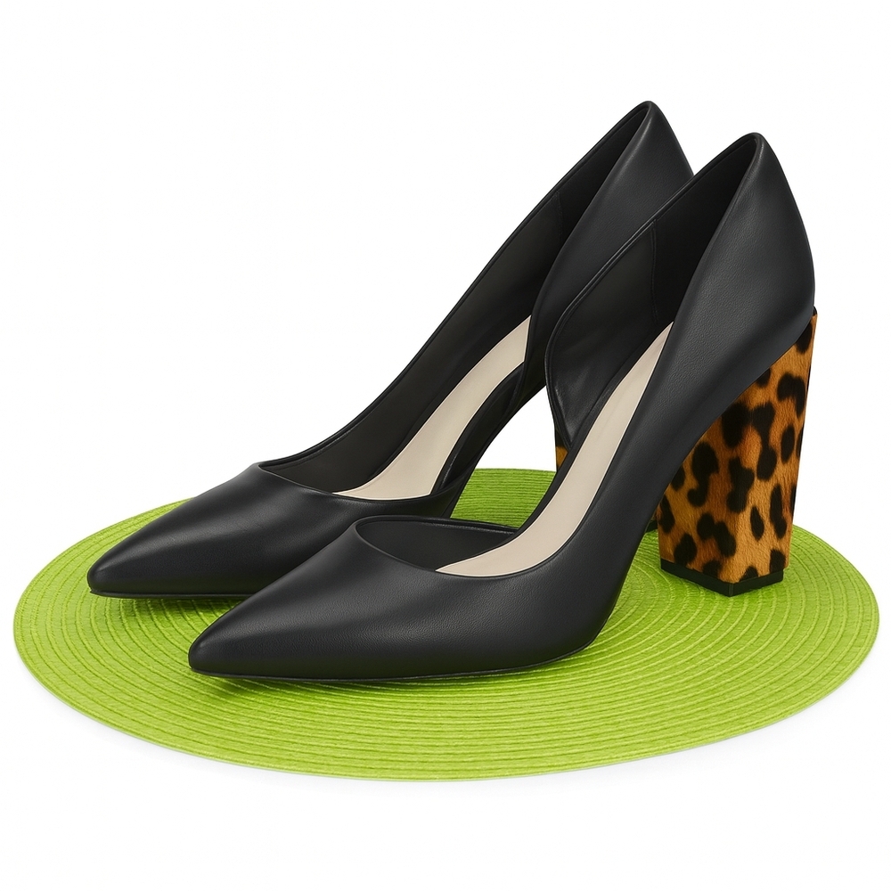 Black Leather Pumps with Leopard Print Heel
